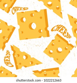 Seamless pattern with cheese and english text. Colorful hand drawn illustration, food vector. Design overlapping background with dairy produce. Decorative wallpaper, good for printing