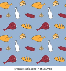 Seamless pattern with cheese, meat, milk and bread