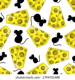 Seamless pattern with cheese and mice. It can be used for textiles of clothing and things, paper products, interior and background for social networks, etc.