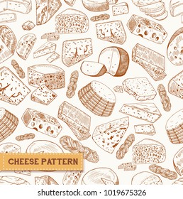 Seamless pattern of cheese, milk product sketches. Mimolette and asiago, chechil or sulguni, cheddar and gouda, parmesan and colby jack. Appetizer and natural nutrition, vegetarian cuisine theme