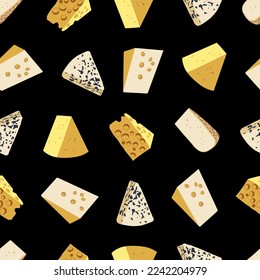 Seamless pattern with cheese on black background, vector illustration