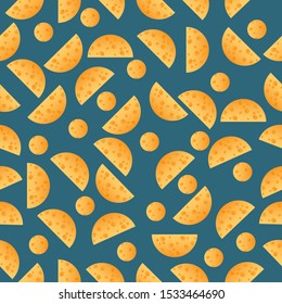 Seamless pattern with cheese on a dark background.