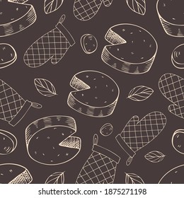 
Patrón sin foco con queso sobre un fondo oscuro. Ilustración vectorial en estilo de grabado.
