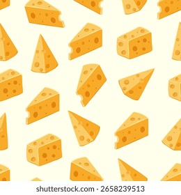 Patrón sin fisuras con queso, trozos de queso duro de diferentes Formas. Plantilla de Vector sobre fondo aislado.