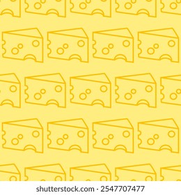 Seamless pattern of cheese pieces in outline on yellow background 