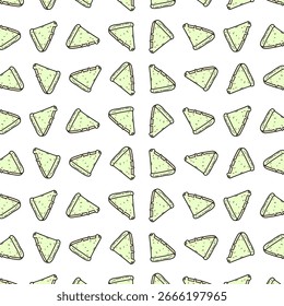 Patrón sin fisuras de rebanadas de pizza de queso con corteza, estilo doodle, fondo blanco, diseño lindo y minimalista, perfecto para Fondo de pantalla, tela y envasado de alimentos.