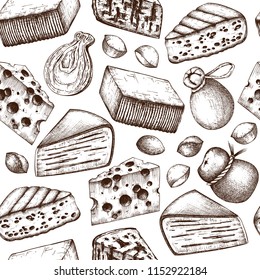 Seamless pattern with cheese sketches. Hand drawn restaurant food illustrations. Vintage milk products background. Dairy foods vector design.