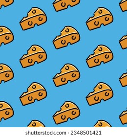 Seamless pattern of cheese slice on white background. Vector illustration with blue background