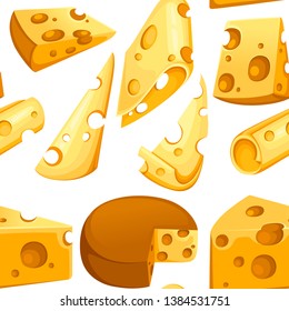 Seamless pattern. Cheese slices collection. Triangular piece of cheese. Dairy milk product icon set. Flat vector illustration on white background.