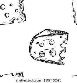 Seamless pattern of cheese slices. Vector cartoon background. Hand-drawn style.