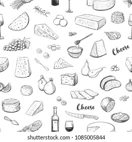 Seamless pattern of cheese and snacks for cheese. Vector sketches on a white background