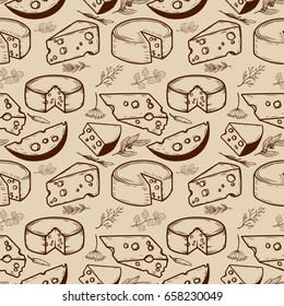 Seamless pattern with cheese and spices. Design element for poster, wrapping paper. Vector illustration