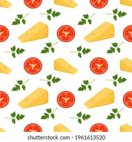 Patrón sin foco con queso, tomates y perejil. Impresión para menús de pizza, cafés y restaurantes. Deliciosos productos ecológicos de granja. Ilustración plana vectorial.