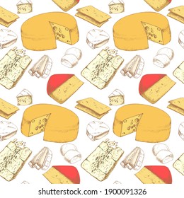 Seamless Pattern with Cheese types. Dairy products. Vintage style design. For printing wrapping paper, packaging, fabric. Hand Drawn vector illustration.