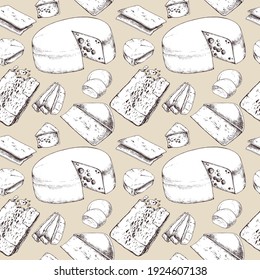 Seamless Pattern with Cheese types. Dairy products. For printing wrapping paper, packaging, fabric. Hand Drawn vector illustration.