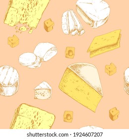 Seamless Pattern with Cheese types. Dairy products. For printing wrapping paper, packaging, fabric. Hand Drawn vector illustration.