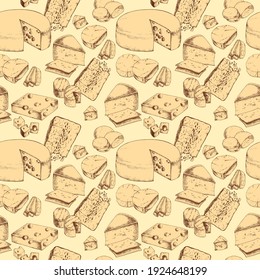 Seamless Pattern with Cheese types. Dairy products. For printing wrapping paper, packaging, fabric. Hand Drawn vector illustration.