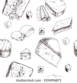 Seamless Pattern with Cheese types. Dairy products. For printing wrapping paper, packaging, fabric. Hand Drawn vector illustration.