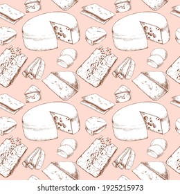 Patrón sin foco con tipos de queso. Productos lácteos. Para imprimir papel envolvente, embalaje, tela. Ilustración vectorial dibujada a mano.