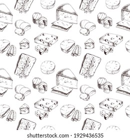 Seamless Pattern with Cheese types. Dairy products. For printing wrapping paper, packaging, fabric. Hand Drawn vector illustration.