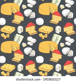 Seamless Pattern with Cheese types isolated on dark background. Dairy products. For printing wrapping paper, packaging, fabric. Hand Drawn vector illustration.