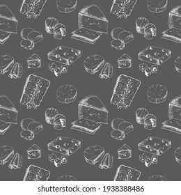 Seamless Pattern with Cheese types on chalkboard. Dairy products. For printing wrapping paper, packaging, fabric. Hand Drawn vector illustration.