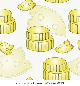 Patrón sin fisuras con ruedas de queso y cuñas. Perfecto para diseños de cocina, papel de regalo, telas o fondos digitales.