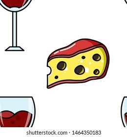 Seamless pattern of cheese and wine. Vector cartoon background. Flat design.