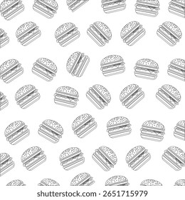 Seamless pattern with cheeseburger in line style, hand drawn vector illustration.