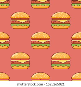 Seamless pattern with cheeseburger on red background. Vector texture.