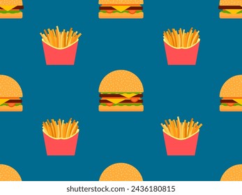 Seamless pattern with cheeseburgers and fries. Fast food. Cheeseburger with two cutlets. Bun with sesame seeds, cutlet, cheese and sauces. Design for wallpaper. Vector illustration