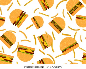 Seamless pattern with cheeseburgers and fries. Fast food. Cheeseburger with two cutlets. Bun with sesame seeds, cutlet, cheese and sauces. Design for wallpaper. Vector illustration