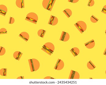 Seamless pattern with cheeseburgers and hamburgers on a yellow background. Cheeseburger with two cutlets. Bun with sesame seeds, cutlet, cheese and sauces. Design for wallpaper. Vector illustration