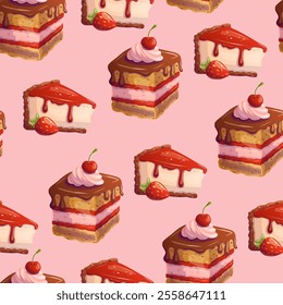 Seamless pattern with cheesecake and chocolate cake. Vector illustration.