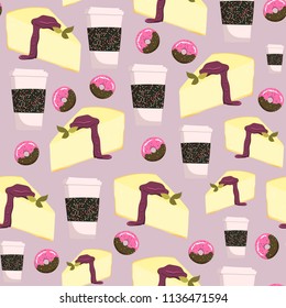 Seamless pattern with cheesecake, coffee cups and donuts. Stock vector