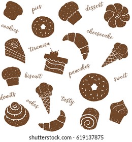 Seamless pattern with cheesecake, donut, cake, bread, snack, ice cream and lettering. Hand drawn background for design, wrapping, restaurant, cafe, menu, kitchen, bakery shops.