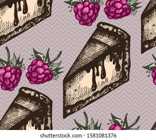 Seamless pattern with a cheesecake and raspberries;. Hand drawing decorative background. Vector pattern. Print for textile, cloth, wallpaper, scrapbooking
