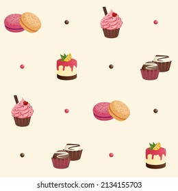 Seamless pattern with cheesecakes, cupcakes, macaroons and chocolate . Vector illustration.