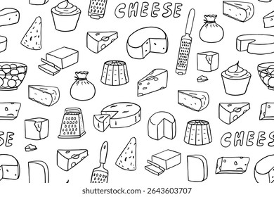 Padrão contínuo de coleção de queijos. Feta, maasdam, burrata, mozzarella, radamer, queijo suíço, brie, parmesan, ricotta, mascarpone, gorgonzola, roquefort, stillon, gouda, camembert. Rabiscar