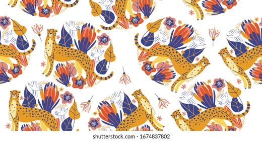 Seamless pattern. Cheetah among colorful flowers . Vector illustration.