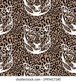Seamless pattern with cheetah animal print and tiger silhouette. Leopard wild cat brown spots skin print