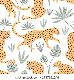 Seamless pattern with cheetah animals and decorative elements on a white background. Vector illustration for printing on fabric, postcard, poster, packaging paper, clothing. Cute baby background