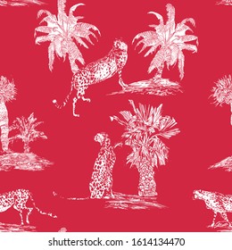 Seamless Pattern Cheetah Animals in Safari Desert, Hand Drawn One Line Lithography Graphic Leopard in Palms Isolated Groups, White on Red Background Oriental Wallpaper Design   