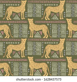 Seamless pattern of cheetah with ethnic ornament elements. Repeatable textile vector print, wallpaper design.