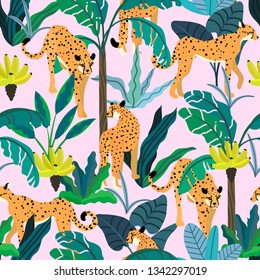 Seamless pattern with cheetah and floral elements on a pink background. Vector illustration of a wild cat in a tropic forest with exotic plants and fruits and palm trees.