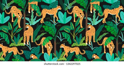Seamless pattern with cheetah and floral elements on a black background. Vector illustration of a wild cat in a tropic forest with exotic plants and palm trees.