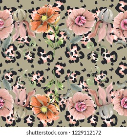 Seamless pattern with cheetah, leopard or jaguar spots and flowers.