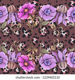 Seamless pattern with cheetah, leopard or jaguar spots and flowers.