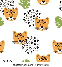 Seamless pattern with Cheetah on light background. Vector illustration, animal design, for printing on fabric, clothing, packaging paper, bedding, printing, postcards. Cute baby background