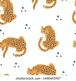 Seamless pattern with Cheetah on light background. Vector illustration, animal design, for printing on fabric, clothing, packaging paper, bedding, printing, postcards. Cute baby background.